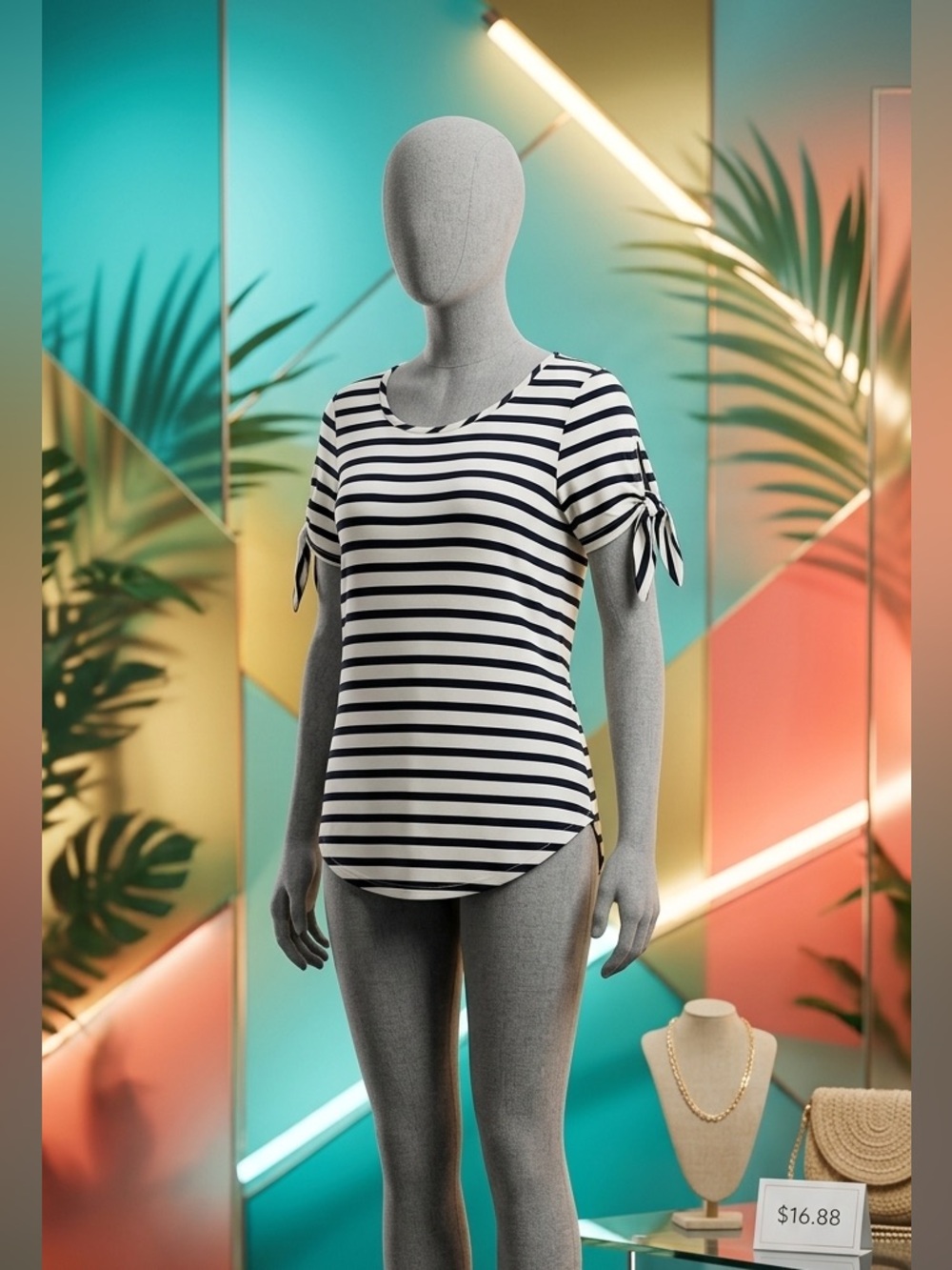 Green Envelope Black & White Striped Tie-Sleeve Short Sleeve Top ladies SZ L